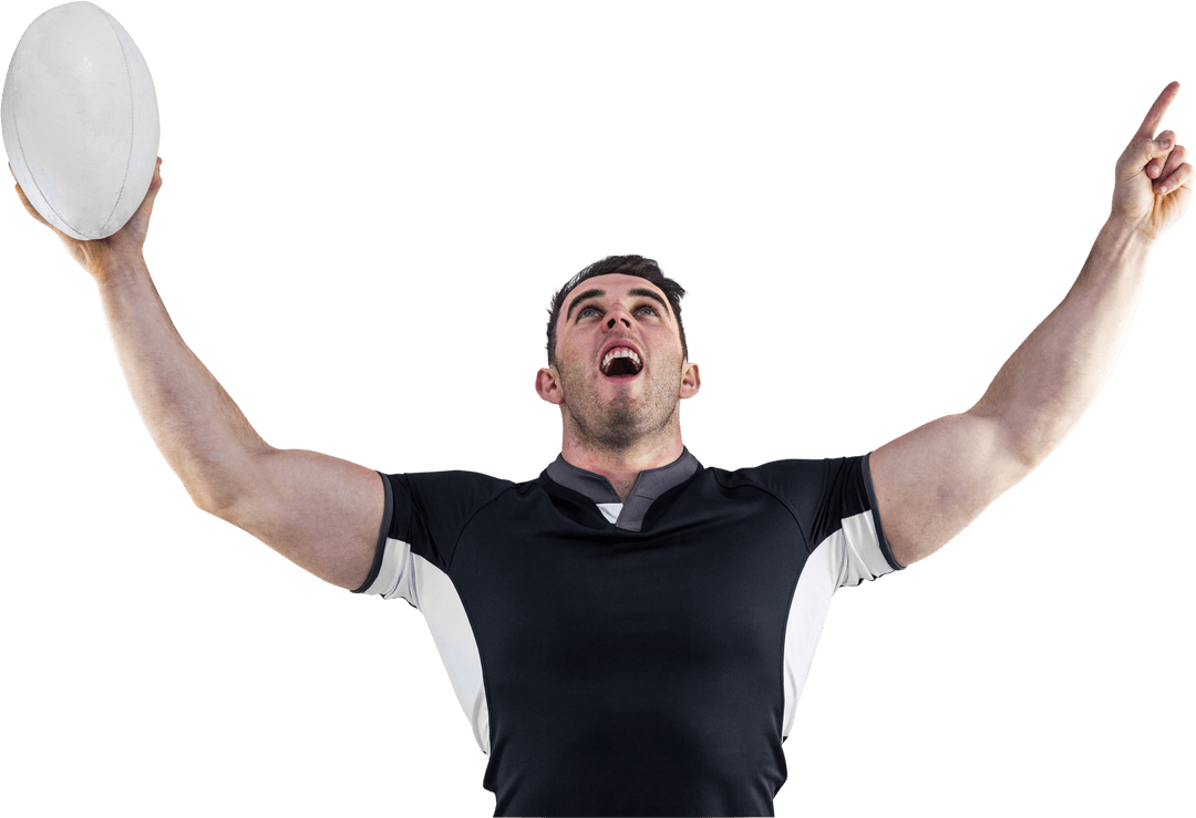 Rugby Player Celebrating Victory with Ball Held High on Transparent Background