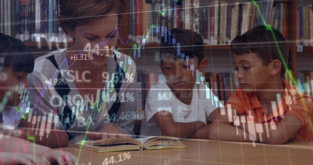 Children and Teacher Reading Open Book in Library with Stock Market Data Overlay