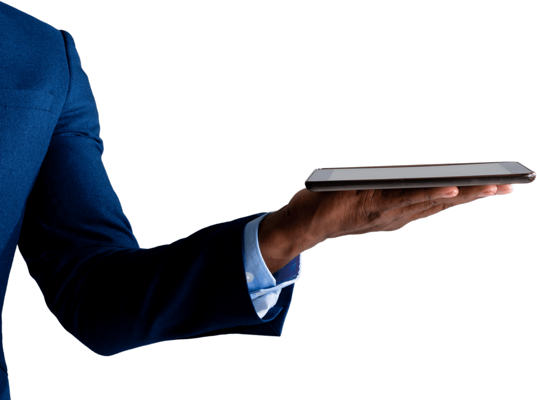 Transparent Businessman Hand Presenting Tablet Technology Isolated