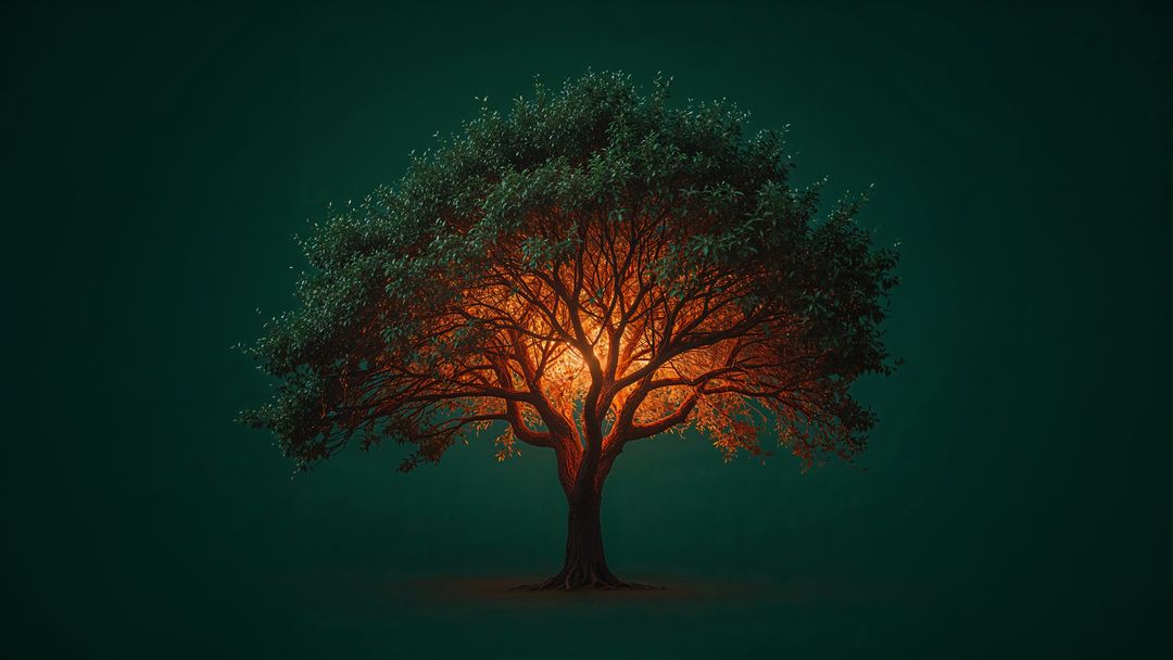 Illuminated Tree with Glowing Foliage Against Dark Background