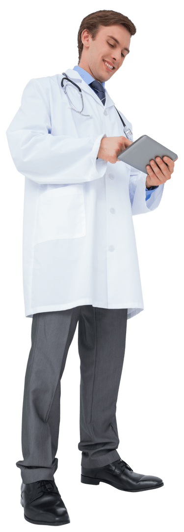 Transparent Young Doctor Using Tablet in Professional Ambiance
