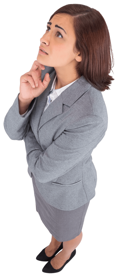 Confused Biracial Businesswoman Looking Up on Transparent Background