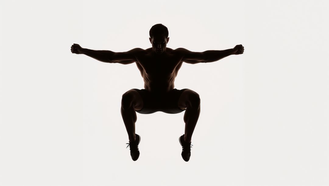 Shirtless Male Athlete Silhouette Leaping with Knees Tucked Minimal High-Key Composition