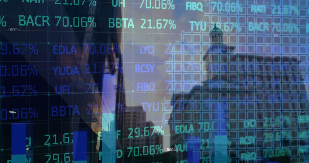 Stock Market Activity with Cityscape Reflection