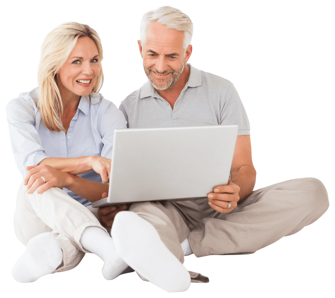 Cheerful Mature Couple Sitting with Laptop Transparent Background