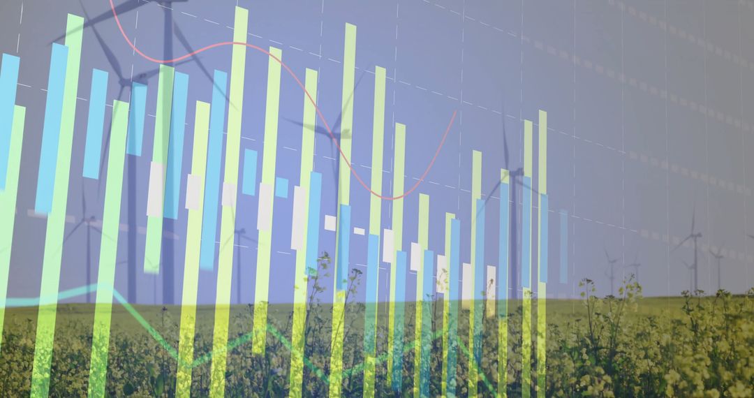 Wind Turbines over Fields with Energy Bar and Trend Lines