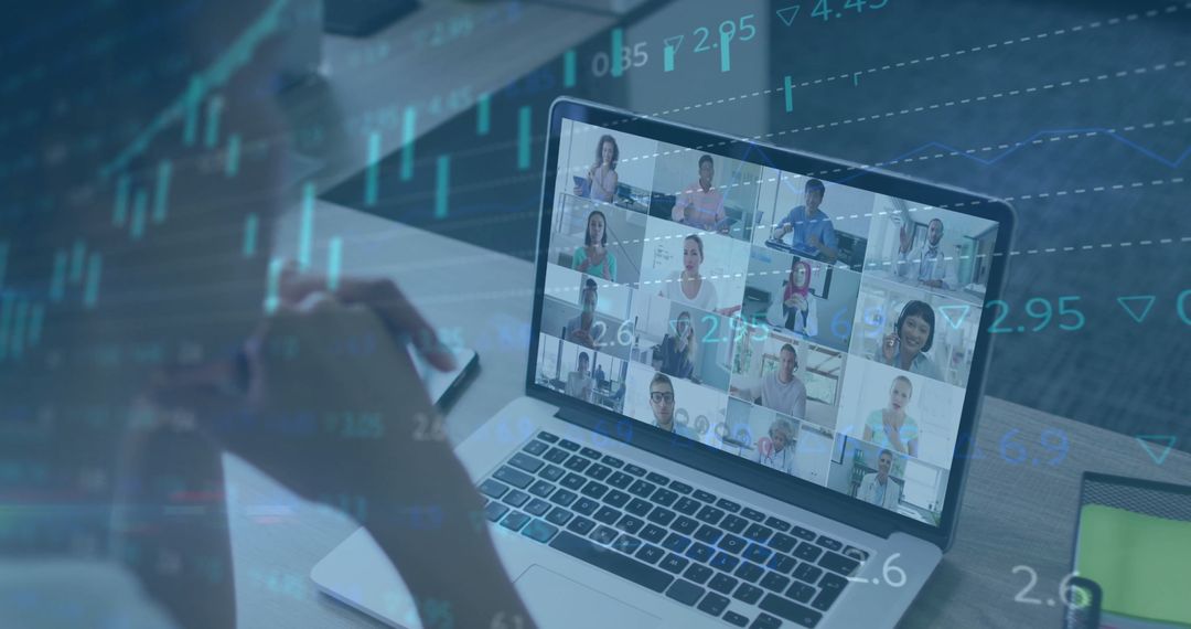 Virtual Business Meeting with Financial Analysis Overlapping Digital Charts