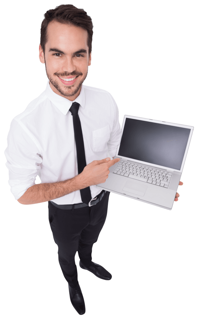 Transparent Businessman Pointing to Laptop Screen Smiling