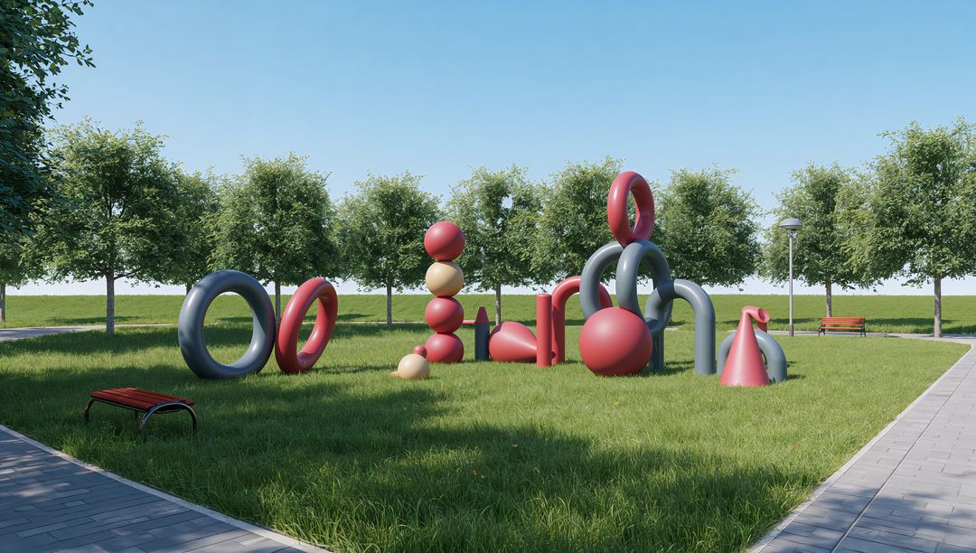 Displaying Centered Red and Gray Geometric Sculpture Installation on Urban Park Lawn