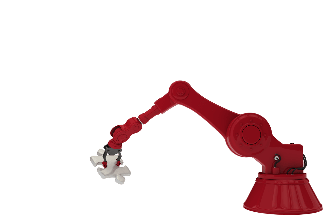 Red Robotic Arm on Transparent Background Holding Puzzle Piece