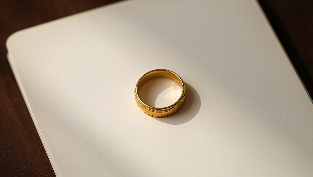 Resting gold wedding band with milgrain edge casting soft shadow on cream notebook
