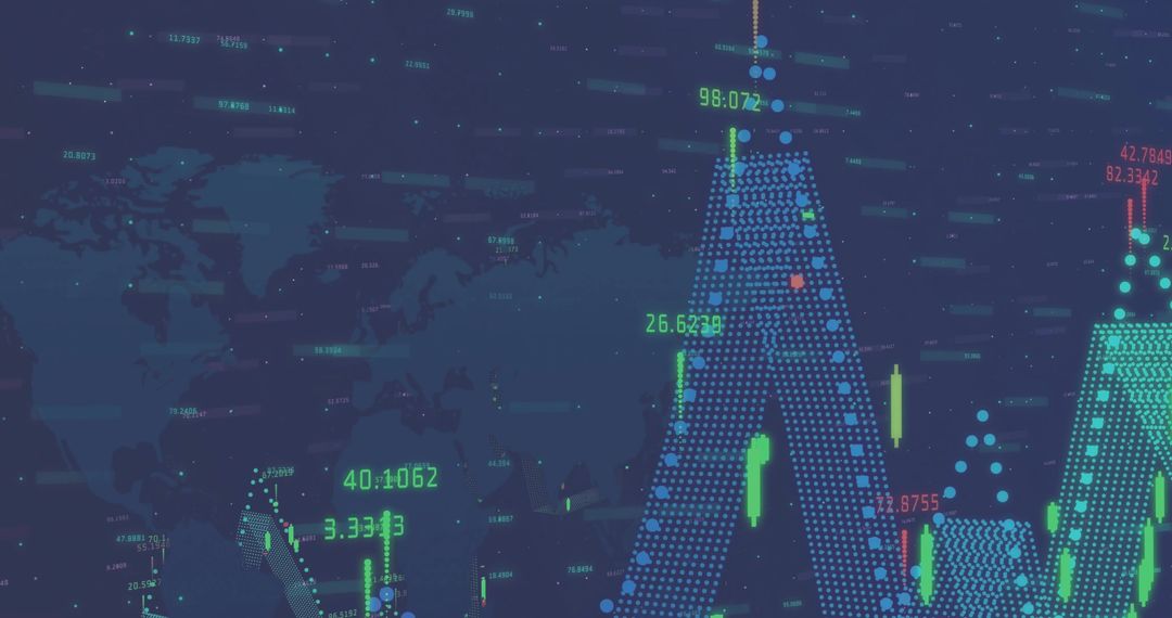 Futuristic financial data visualizing neon candlesticks and dotted peaks over world map