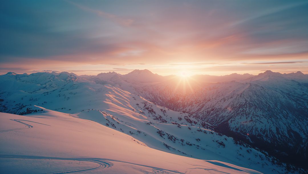Sunrise Over Snowy Mountain Peaks in Winter Tranquility