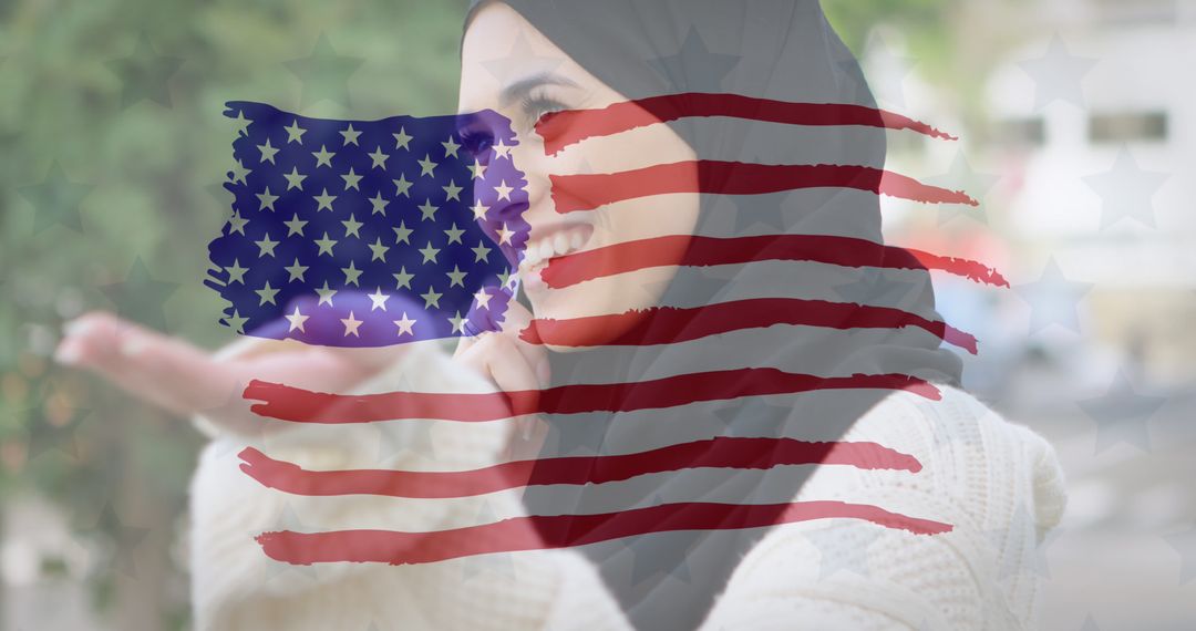 Smiling Muslim Woman Celebrating Patriotic Moment with American Flag Overlay - Free Images, Stock Photos and Pictures on Pikwizard.com
