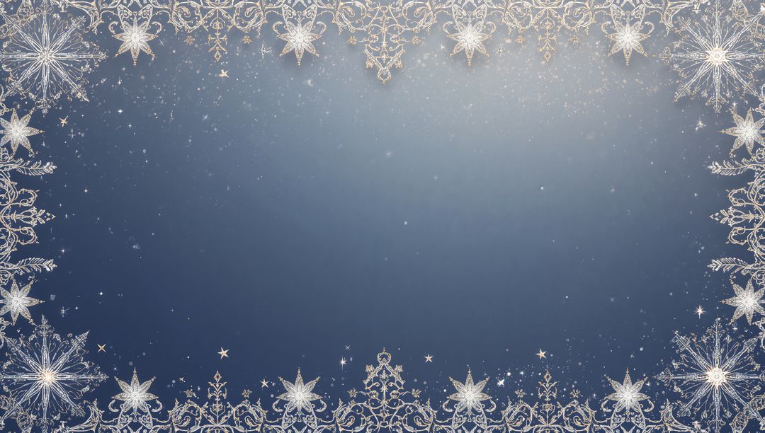 Navy Slate Gradient Framed by Silver Snowflake Filigree and Sparkling Stars for Holiday Cards