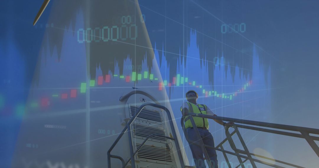 Technician at Wind Turbine with Stock Market Data Overlay