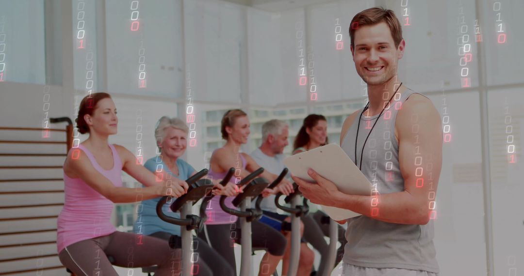 Fitness Instructor Leading Exercise Class with Digital Overlay
