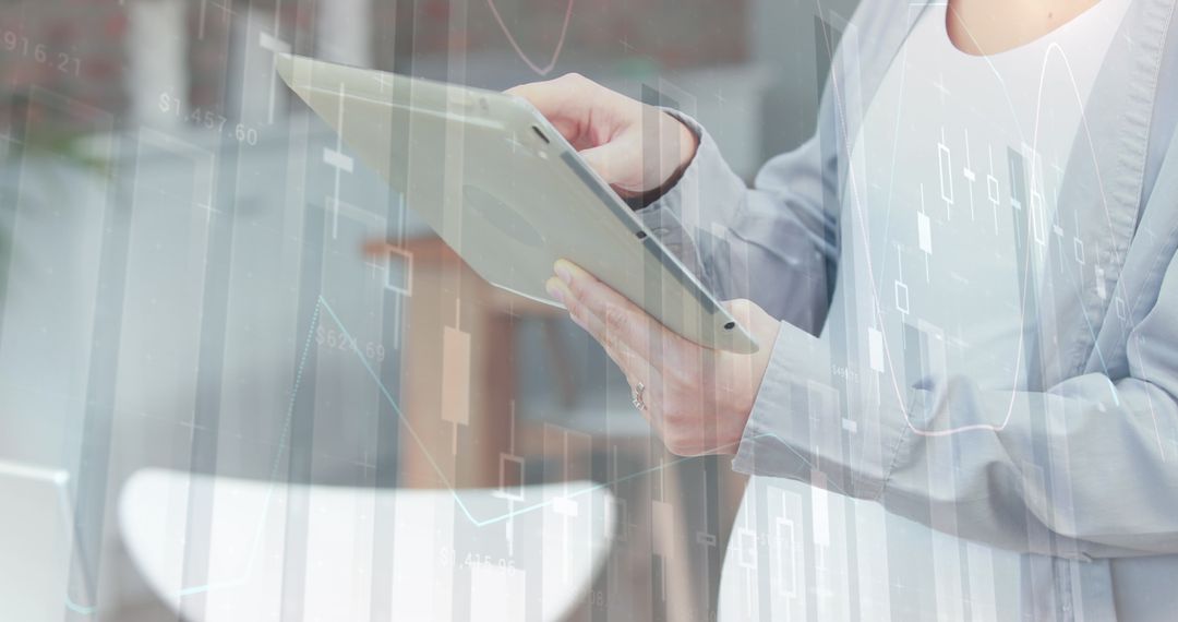 Caucasian Woman Analyzing Data on Tablet with Digital Graph Overlay