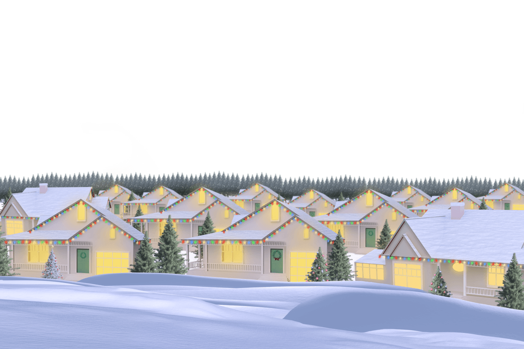 Cozy Winter Village with Snow and Christmas Lights on Transparent Background