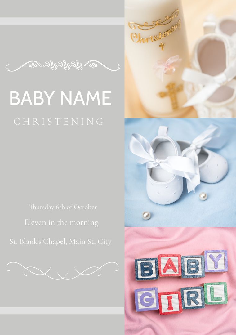 Christening Baptism Invitation with Baby Shoes and Block Lettering