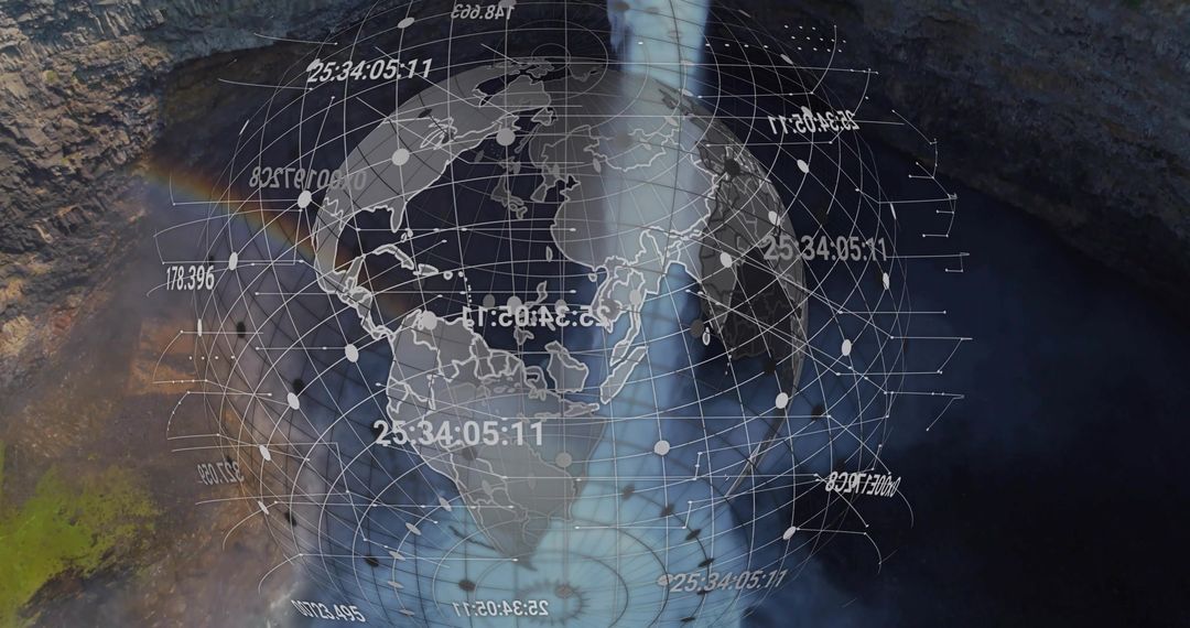 Holographic Globe Overlay on Majestic Cenote Waterfall