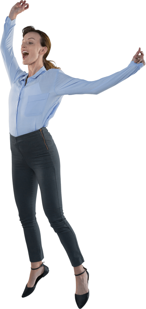 Joyful Businesswoman Jumping on Transparent Background Celebrating Success