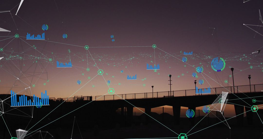 Silhouetted Pier with Futuristic Holographic Network Visuals