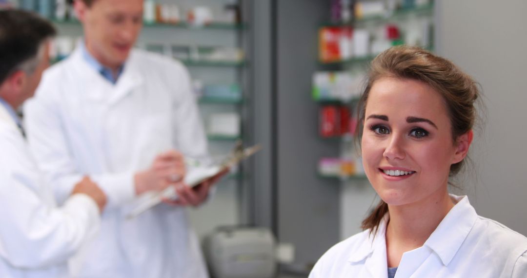 A smiling female pharmacist exemplifies a teamwork-driven healthcare atmosphere. - Free Images, Stock Photos and Pictures on Pikwizard.com