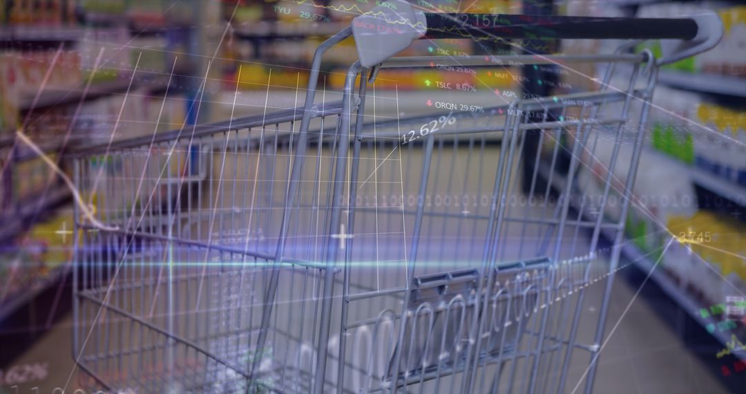 Digital Financial Analytics Overlay on Shopping Cart in Store Aisle