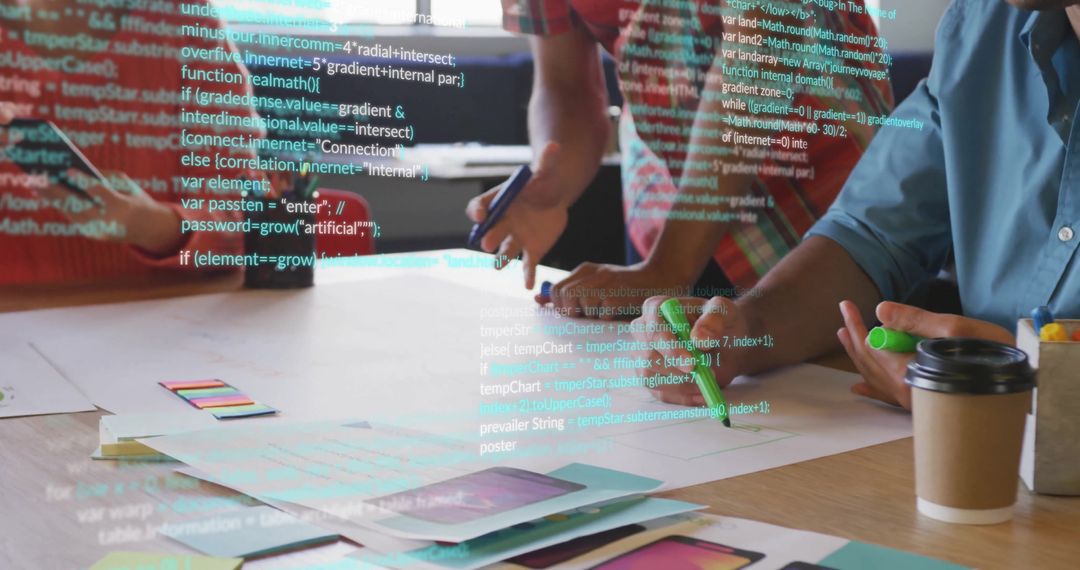 Team Collaborating on Project with Digital Programming Overlay