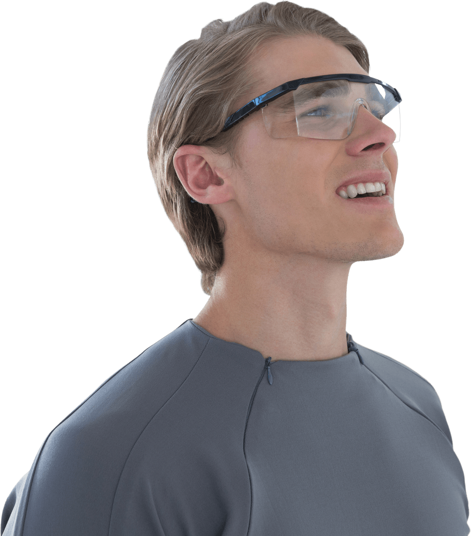 Smiling Businessman Wearing Transparent Smart Glasses
