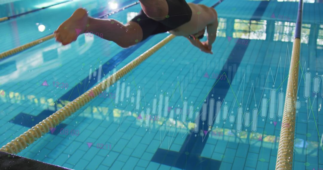 Swimmer Jumping into Pool Amid Digital Data Overlay