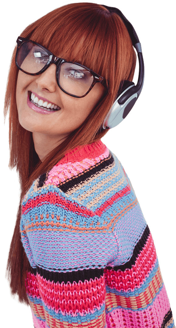 Smiling Woman with Headphones and Transparent Background