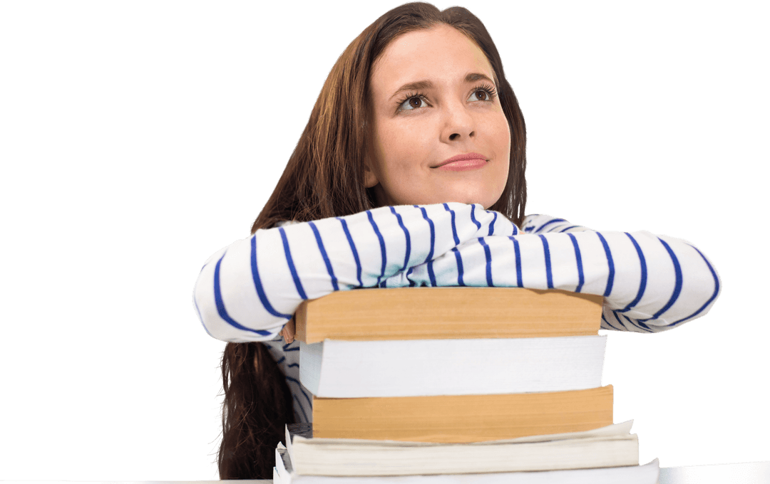 Pensive Caucasian Woman with Books on Transparent Background