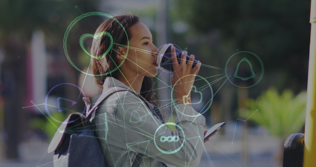 Woman Enjoying Coffee Interacting with Social Media Network