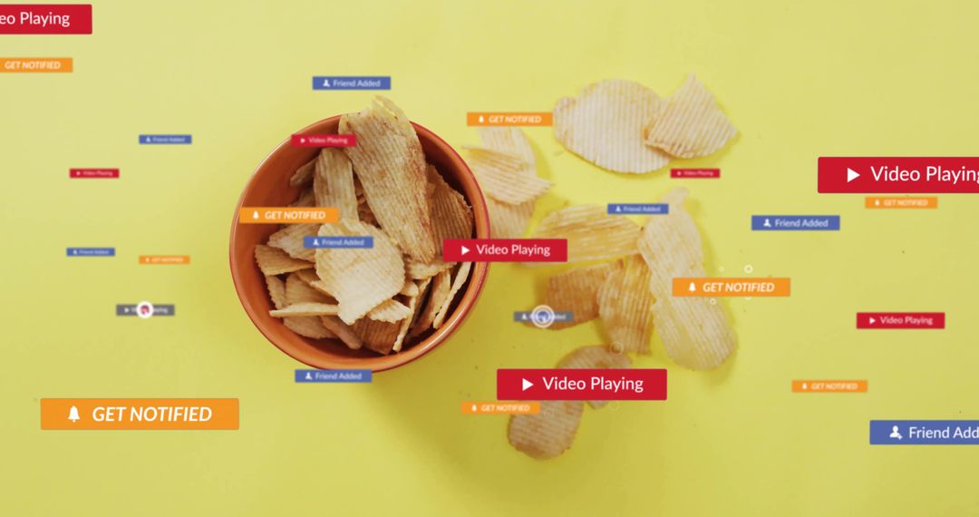 Ridged Chips Surrounded by Digital Alert Pop-Ups on Yellow Surface