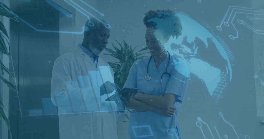 Healthcare Professionals Analyzing Data with Digital Interface Overlay