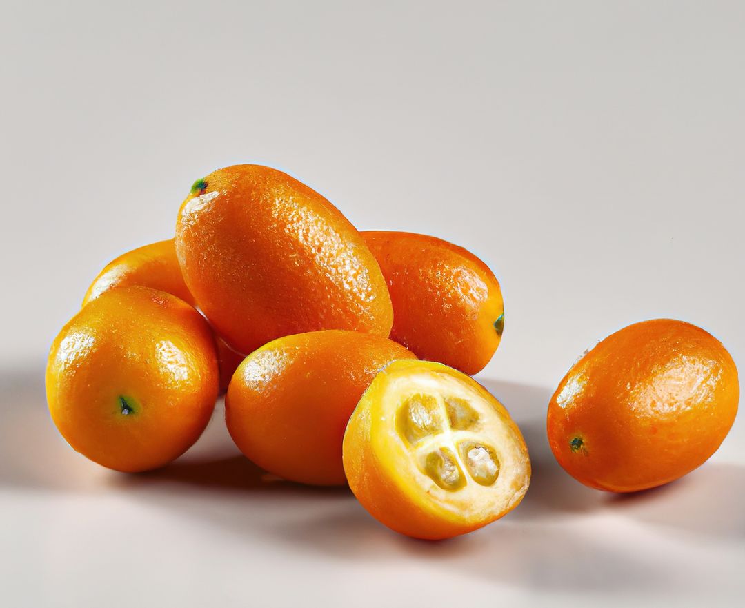 Close up of kumquats on grey background created using generative ai technology - Free Images, Stock Photos and Pictures on Pikwizard.com