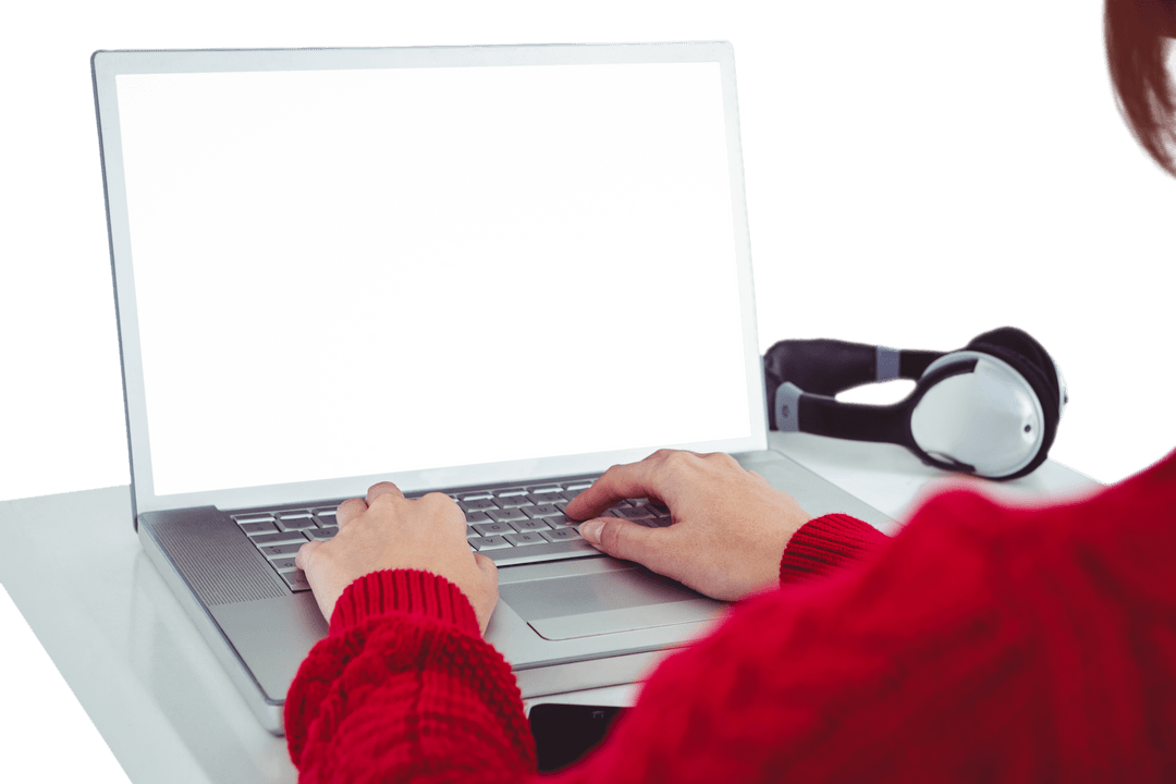 Person in Red Sweater Using Laptop with Transparent Blank Screen