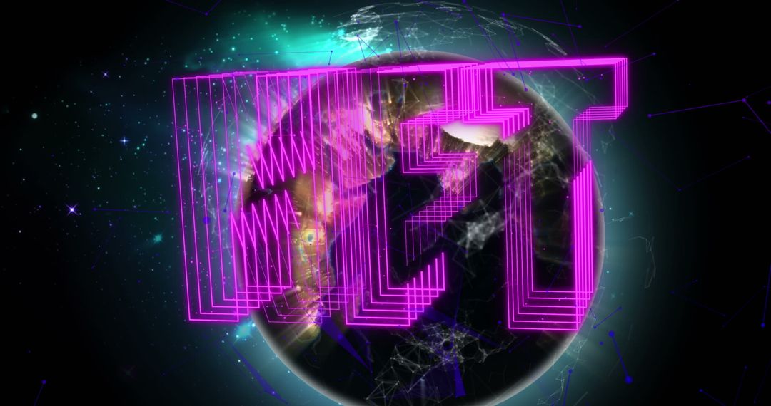 Neon NFT Text Glowing Over Globe with Digital Connections