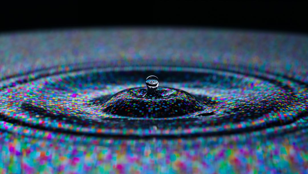 Macro water droplet forming crown while reflecting pixelated LED concentric ripples