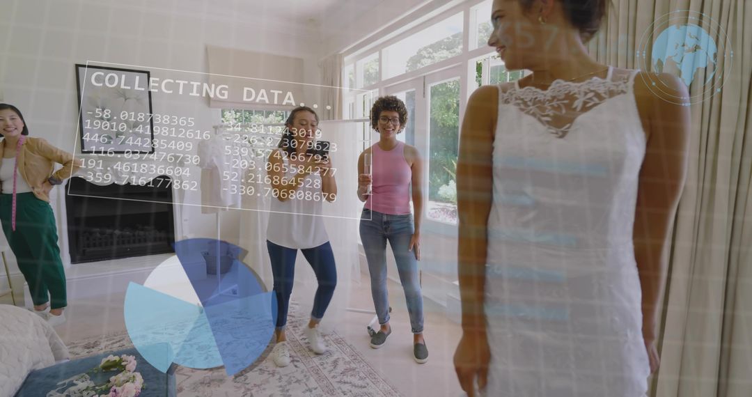 Bridal fitting at home with friends measuring dress while digital analytics overlay data
