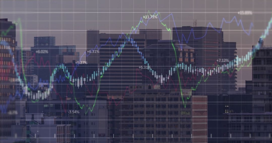Financial Growth Statistic Data Processing Over Urban Cityscape