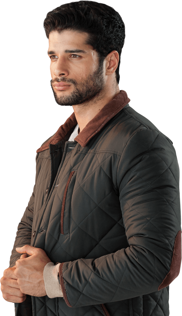 Thoughtful Young Man in Quilted Jacket on Transparent Background