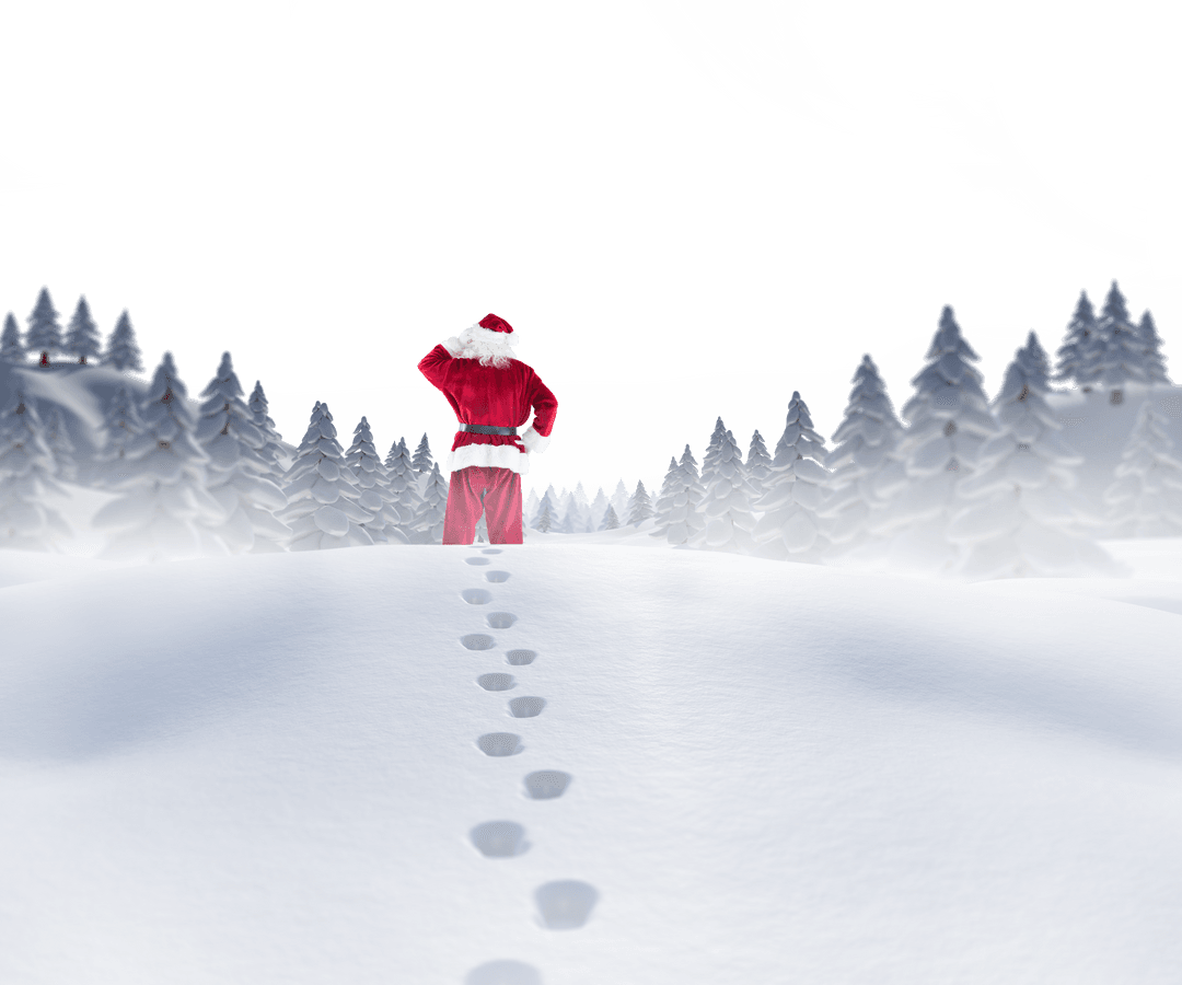 Santa Walking Through Snow-Covered Landscape with Transparent Sky