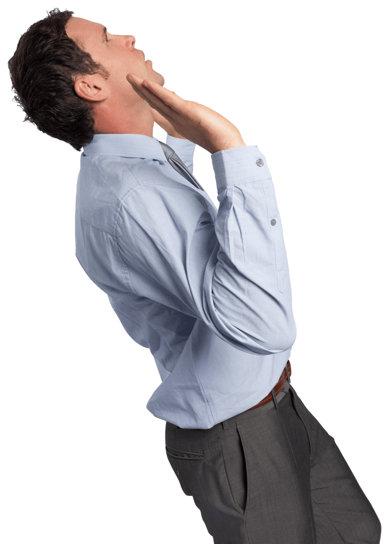 Transparent Businessman Gestures Upward with Raised Hands