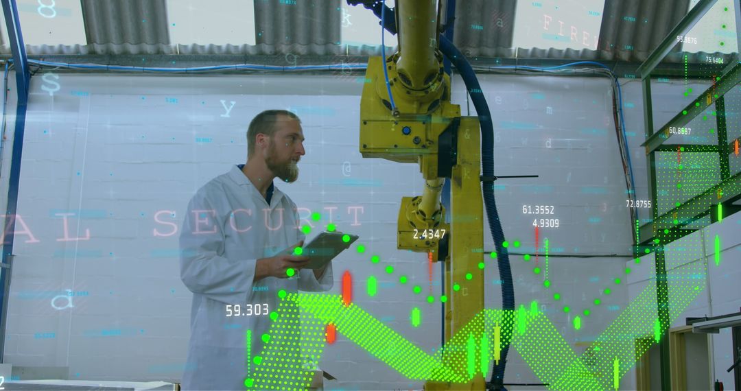Engineer Analyzing Industrial Robot with Digital Data Overlay