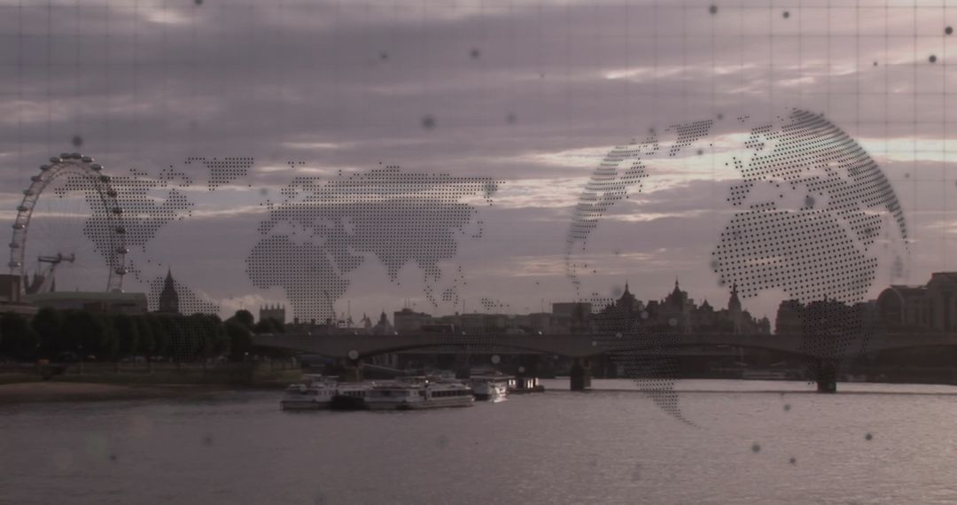 Digital World Map Over Urban Cityscape, River and Skyline