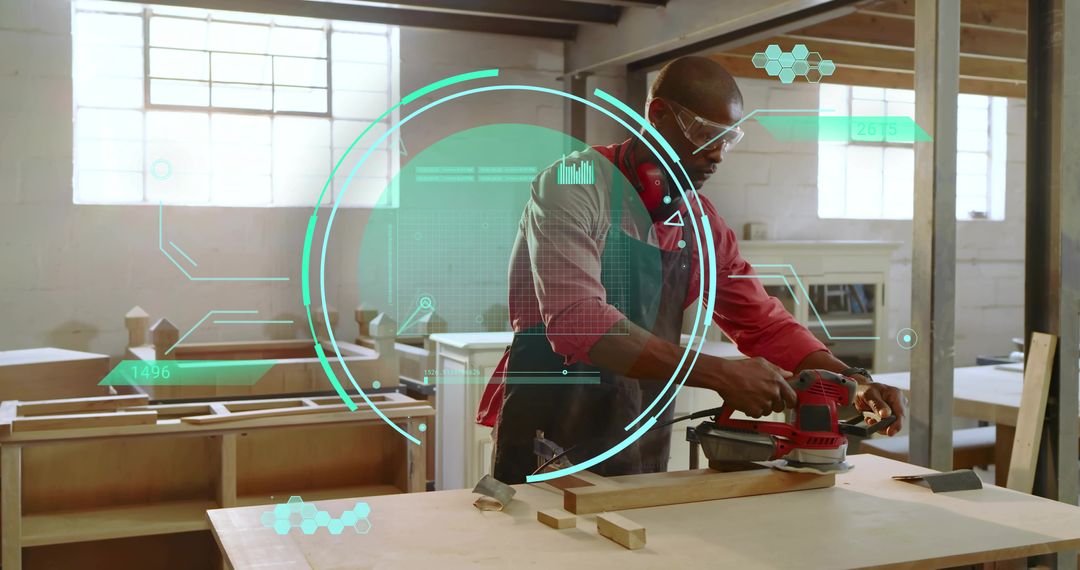Woodworker wearing safety glasses sanding plank with orbital sander and AR overlay