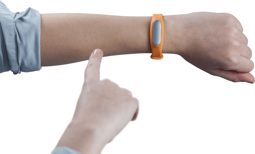 Transparent Close-Up of Woman Using Fitness Tracker in Orange Wristband